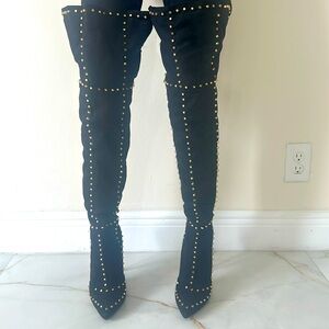 Public Desire Black studded knee high 4 inch boots